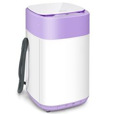 a purple and white portable air purigerator on a white background with a black handle