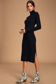 The Lulus Sheerah Black Turtleneck Midi Sweater Dress is so cozy, you'll never want to take it off! Soft, medium-weight knit shapes a turtleneck and fitted long sleeves. Relaxed bodice leads into a figure-skimming midi skirt with twin side slits. Pair with a denim jacket for a chic layered look! Fit: This garment fits true to size. Length: Knee to mid-calf length. Size medium measures 43" from shoulder to hem. Bust: Great for any cup size. Waist: Loosely Fitted. Hip: Loosely Fitted. Undergarments: May be worn with any standard bra. Fabric: Fabric is very stretchy. Unlined. 88% Polyester, 12% Nylon. Hand Wash Cold. Do Not Bleach. Line Dry. Iron Low Heat. Imported. Lulus | Sheerah Black Turtleneck Midi Sweater Dress | Size X-Small. Black Turtleneck Sweater Dress, Black Turtleneck Dress, Midi Sweater Dress, Ivory Lace Dress, Sweater Dress Outfit, Ribbed Sweater Dress, Black Sweater Dress, Turtleneck Sweater Dress, Business Casual Dresses