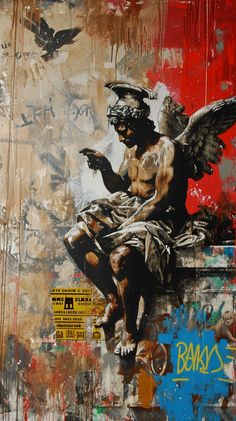 a painting of an angel sitting on top of a building with graffiti all over it