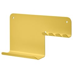 a yellow metal shelf with two hooks on it