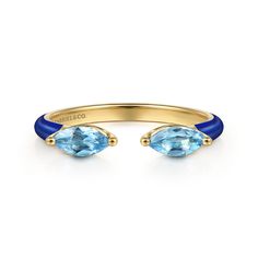 14K Yellow Gold Marquise Blue Topaz Open Stackable Ring with Dark Blue Enamel Ladies Rings, Enamel Ring, Stackable Ring, Bold Design, Stackable Rings, Blue Topaz, Women Rings, Sky Blue, Blue Sky