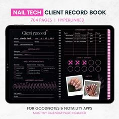 the nail tech client record book is displayed on an ipad screen with pink and black accents