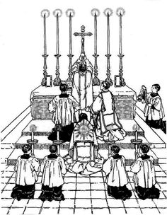 an old black and white drawing of people in front of a church alter with candles