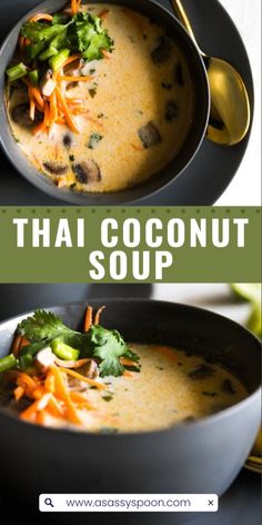 thai coconut soup with broccoli, carrots and other vegetables in a black bowl