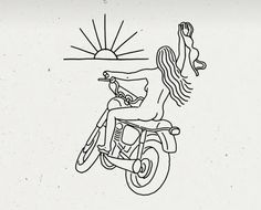 a drawing of a person on a motorcycle with the sun in the sky behind them