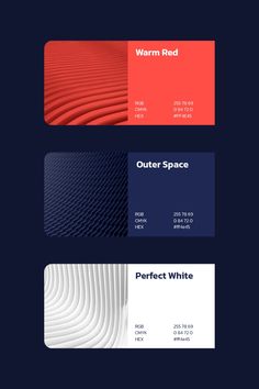 three business cards with different colors and shapes