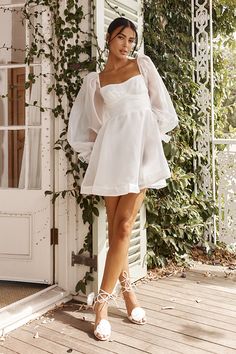 Shop the I've Got Sunshine Long Sleeve Mini Dress White | Selfie Leslie Tie Up Heels, Mini Dress White, Skirt Zipper, Graduation Dresses, White Long Sleeve Dress, Long White Dress, White Short Dress, Feminine Silhouette, Iron Material