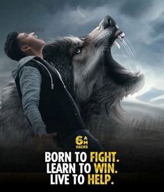 a man standing next to a wolf with his mouth open and the words beast thinks don't worry my time is bad now but i will rise