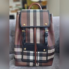 Burberry Backpack Check Dark Birch Brown Excellent Condition Very Minimal Sign Of Wear No Rubbings Or Scratches On Check Canvas Interior Is Clean, No Stain With Entrupy Burberry Backpack, Burberry Bag, Brown Color, Burberry, Bag Lady, Backpacks, Canvas, How To Wear