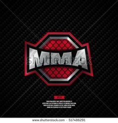 the word mma on a black background with red and silver mesh design for sports team logo