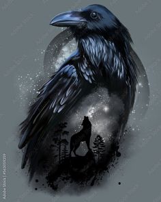 a black bird sitting on top of a tree next to a wolf under a full moon