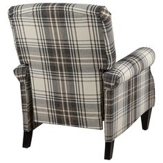 a chair that is upholstered with a plaid pattern on the back and arms