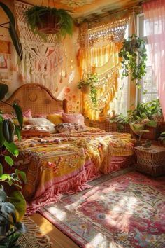 a bed sitting in a bedroom under a window next to a rug and potted plants