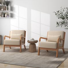 two chairs sitting on top of a wooden floor next to a vase and potted plant