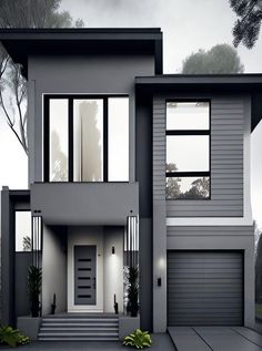 a modern house is shown with two garages on each side and stairs leading up to the second floor