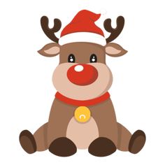 a reindeer with a red nose wearing a santa hat and a bell around its neck