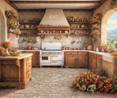 a painting of a kitchen with flowers on the counter top and an oven in the middle