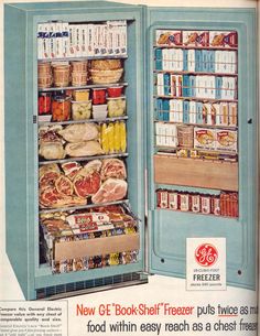 an old advertisement for freezer with food in the door and shelves full of items