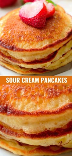 three pancakes with strawberries on top and the same one being made from scratchsticks