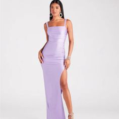 Lavender Color Prom Dress With An Open Back And A Bow On The Lower Back From Windsor Size: M Long Purple Formal Dress, Light Purple Long Dresses, Light Purple Hoco Dress Long, Lavender Hoco Dress Long, Lavender Formal Dresses, Light Purple Formal Dress Long, Purple Prom Dress Simple, Purple Silk Prom Dress, Light Purple Silk Dress