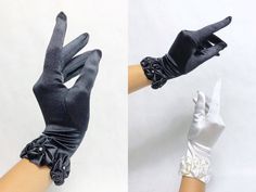 Vintage 1970s Rosettes & Rhinestone Satin Gloves, 70s White or Black Gloves, Vintage Stretch Satin, 70s Deadstock Gloves, Vintage Bridal Beautiful Gloves