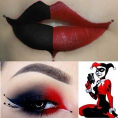 Horrifying #halloweenmakeupideas for Women Harley Quinn Makeup Red And Black, Deadpool Makeup Eye, Deadpool Inspired Makeup, Harley Quinn Makeup Red Black, Harley Quinn Black And Red, Deadpool Makeup, Black Harley Quinn, Harley Quinn Makeup, Halloweenský Makeup