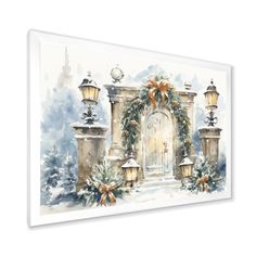 a watercolor painting of a gate with christmas decorations and lights on the front door