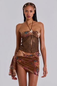 Eliana Knitted Bandeau Top in Cedar | Jaded London | Lucia Crochet Bandeau Top, Bandeau Tankini Top, Sarong Skirt, Capri Trousers, Bandeau Tankini, Faux Shearling Coat, Suede Mini Skirt, Jaded London, Backless Top