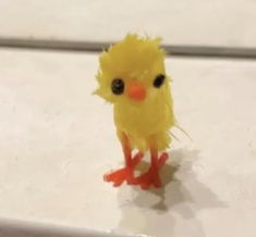 a small yellow bird sitting on top of a white counter