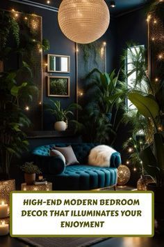 a living room filled with lots of plants and lights