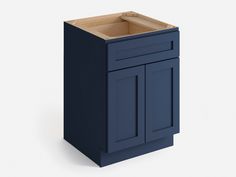 a blue cabinet with an open drawer on the top and bottom, in front of a white background