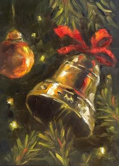 a painting of a bell and christmas decorations