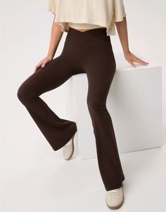 OFFLINE By Aerie Real Me High Waisted Crossover Flare Legging Flare Leggings Outfit, Brown Flares, Aerie Leggings, Boot Cut Leggings, Aerie Real, Flare Legging, Offline By Aerie, Flared Leggings, Sports Skirts