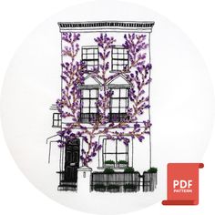 a drawing of a house with purple flowers on the front and side of it's windows