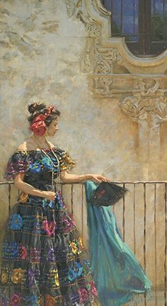 a painting of two women on a balcony