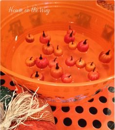 apples are floating in a bowl of water on the table next to some pumpkins