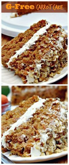 two pictures of carrot cake with cream cheese frosting on top and the same slice missing