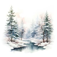 a watercolor painting of snow covered trees and a river in the foreground, on a white background