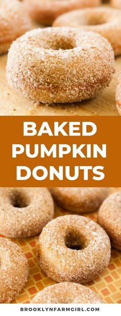 baked pumpkin donuts on a table with text overlay that reads baked pumpkin donuts