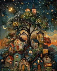 a painting of houses in the night sky