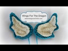 two crocheted wings with the words wings for the dragon above them in white and blue