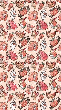 a pink background with many small cartoon animals on it's sides and hearts in the middle