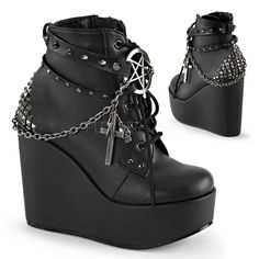 5" Wedge Platform Lace Up Ankle Boots. Wrap Around Studded Straps, Pentagram Detail, Chain With Charms Of Cross, Skull Head, Lighting And Safety Pen. Pyramid Studs At Back And Inside Zipper Closure. Styles: Goth Rock Gothic Punk Alternative Siop-101 Chain With Charms, Gothic Shoes, Womens Black Booties, Gothic Clothing, Wedge Ankle Boots