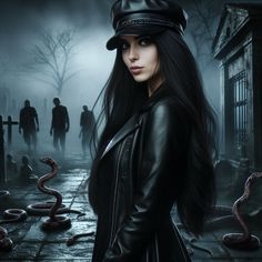 a woman with long black hair wearing a leather jacket and hat standing in front of a group of zombies