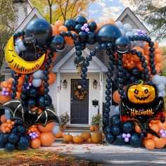 a house decorated for halloween with balloons and decorations