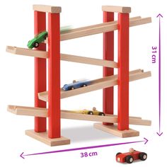 a toy car and truck are on the same track as two wooden ladders with cars in them