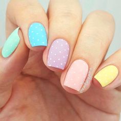 Nails Different Colors, Nails One Color, Easter Nails Easy, Nails Design Short, Nails Short Acrylic, Dot Nails, Nails Pastel