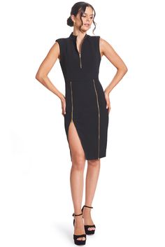 Explore the adaptability & versatility of our Just Zip It Dress. Boasting exposed functional gold zippers, this multipurpose LBD allows you to dictate the direction of your style. Crafted from stretch poly crepe, this midi dress showcases 1/4" thick shoulder pads and numerous functional zippers, including along the center back, front bodice, and skirt front princess seams. With the option to zip it closed for a more modest appearance, unzip it for a more alluring look, or find a middle ground. Y Mandarin Dress, Working Dresses, Mermaid Midi Dress, Bianca Dress, Zip Front Dress, Ponte Dress, Sleeveless Midi Dress, Princess Seams, Dress Zipper