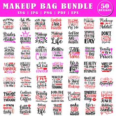 Cute Makeup Bag Svg Bundles, Cosmetic Bag Svg Bundles, Beauty Bag, Fashion Bag Svg Clipart, Makeup Bag Design, Mascara Svg, Lipstick Make Up Bag SVG Bundles are comprehensive collections of scalable vector graphics (SVG) specifically designed for creating custom, stylish, and personalized make-up bags. These bundles typically contain a variety of designs, patterns, and themes suitable for different tastes and occasions. Ideal for DIY enthusiasts, crafters, and small business owners, these SVG files can be used with cutting machines like Cricut, Silhouette, and other similar devices. Contents A Make Up Bag SVG Bundle generally includes: *Quotes and Sayings: Inspirational, humorous, and trendy quotes related to beauty and makeup. *Icons and Graphics: Lipsticks, brushes, mirrors, and other ma Sublimation Makeup Bag Designs, Makeup Bag Design, Makeup Bag Svg, Makeup Bag Quote, Cute Makeup Bag, Cute Makeup Bags, Svg Bundles, Bag Quotes, Diy Workshop