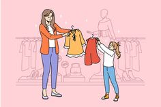 a woman and child are looking at clothes on hangers in a clothing store illustration